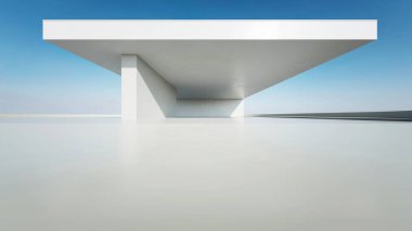 3D soyut modern beton mimari boş beton zemin, minimal dış görünüş, araba sunumu arka planı