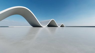 Boş beton zeminli 3d soyut eğri yapısı fütüristik mimarisi