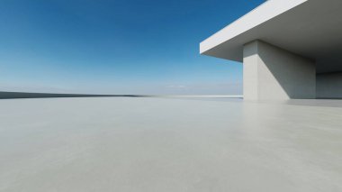 3D soyut modern beton mimari boş beton zemin, minimal dış görünüş, araba sunumu arka planı