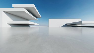 3D soyut modern beton mimari boş beton zemin, minimal dış görünüş, araba sunumu arka planı