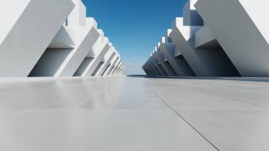Soyut beyaz beton mimarinin 3 boyutlu görüntüsü boş beton zemin, minimal dış görünüş, araba sunumu arka planı