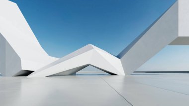 Soyut beyaz beton mimarinin 3 boyutlu görüntüsü boş beton zemin, minimal dış görünüş, araba sunumu arka planı