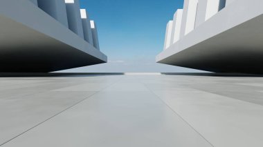 Soyut beyaz beton mimarinin 3 boyutlu görüntüsü boş beton zemin, minimal dış görünüş, araba sunumu arka planı
