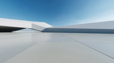 Üç boyutlu soyut modern beton mimari boş beton zemin, minimal dış görünüş, araba sunumu arka planı