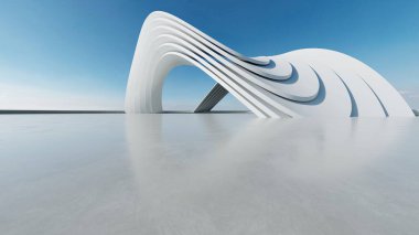 Beyaz fütüristik mimarinin 3D görüntüsü, boş beton zeminli soyut yapı