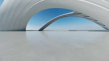 Beyaz fütüristik mimarinin 3D görüntüsü, boş beton zeminli soyut yapı