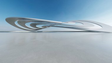 Beyaz fütüristik mimarinin 3D görüntüsü, boş beton zeminli soyut yapı
