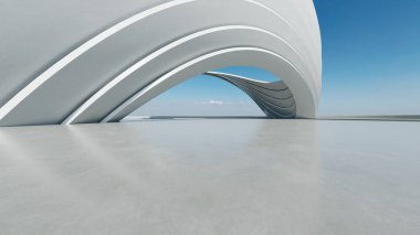 Beyaz fütüristik mimarinin 3D görüntüsü, boş beton zeminli soyut yapı