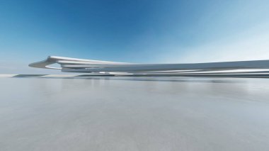 Beyaz fütüristik mimarinin 3D görüntüsü, boş beton zeminli soyut yapı