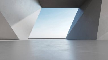 Geometrik dizaynlı beton iç mekan, gaddarlık mimarisi perspektifi, 3D görüntüleme.