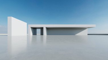Üç boyutlu soyut modern beton mimari boş beton zemin, minimal dış görünüş, araba sunumu arka planı