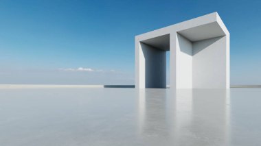 Üç boyutlu soyut modern beton mimari boş beton zemin, minimal dış görünüş, araba sunumu arka planı