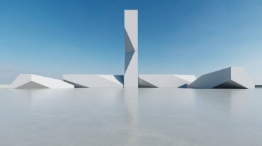 Üç boyutlu soyut modern beton mimari boş beton zemin, minimal dış görünüş, araba sunumu arka planı