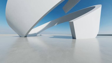 Beyaz fütüristik mimarinin 3D görüntüsü, boş beton zeminli soyut daire yapısı