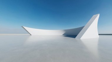 Beyaz fütüristik mimarinin 3D görüntüsü, boş beton zeminli soyut daire yapısı