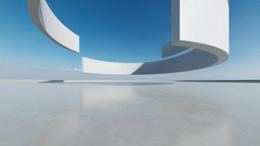 Beyaz fütüristik mimarinin 3D görüntüsü, boş beton zeminli soyut daire yapısı