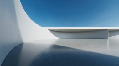 Üç boyutlu soyut modern beton mimari boş beton zemin, minimal dış görünüş, araba sunumu arka planı
