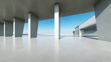 Üç boyutlu soyut modern beton mimari boş beton zemin, minimal dış görünüş, araba sunumu arka planı