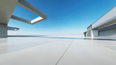 Üç boyutlu soyut modern beton mimari boş beton zemin, minimal dış görünüş, araba sunumu arka planı