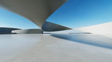 Beyaz fütüristik mimarinin 3D görüntüsü, boş beton zeminli soyut dalgalı yapı