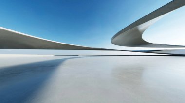 Beyaz fütüristik mimarinin 3D görüntüsü, boş beton zeminli soyut dalgalı yapı