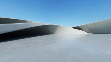 Beyaz fütüristik mimarinin 3D görüntüsü, boş beton zeminli soyut dalgalı yapı