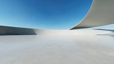 Beyaz fütüristik mimarinin 3D görüntüsü, boş beton zeminli soyut dalgalı yapı