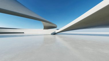 Beyaz fütüristik mimarinin 3D görüntüsü, boş beton zeminli soyut dalgalı yapı