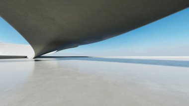 Beyaz fütüristik mimarinin 3D görüntüsü, boş beton zeminli soyut dalgalı yapı