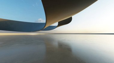 Beyaz fütüristik mimarinin 3D görüntüsü, boş beton zeminli soyut dalgalı yapı