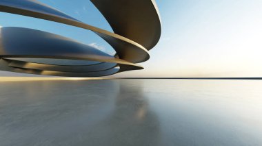 Beyaz fütüristik mimarinin 3D görüntüsü, boş beton zeminli soyut dalgalı yapı