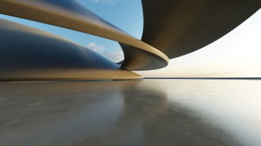 Beyaz fütüristik mimarinin 3D görüntüsü, boş beton zeminli soyut dalgalı yapı