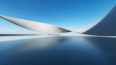 Beyaz fütüristik mimarinin 3D görüntüsü, boş beton zeminli soyut dalgalı yapı