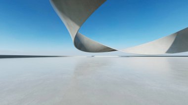 Beyaz fütüristik mimarinin 3D görüntüsü, boş beton zeminli soyut dalgalı yapı