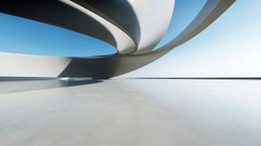 Beyaz fütüristik mimarinin 3D görüntüsü, boş beton zeminli soyut dalgalı yapı