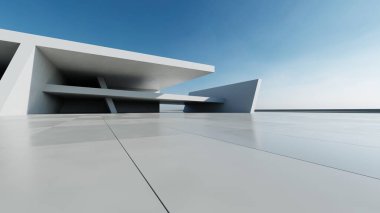 Üç boyutlu soyut modern beton mimari boş beton zemin, minimal dış görünüş, araba sunumu arka planı