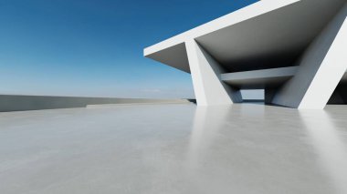 Üç boyutlu soyut modern beton mimari boş beton zemin, minimal dış görünüş, araba sunumu arka planı