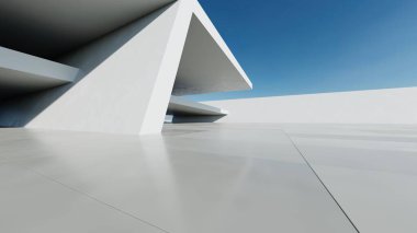 Üç boyutlu soyut modern beton mimari boş beton zemin, minimal dış görünüş, araba sunumu arka planı