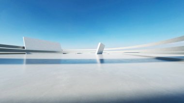 Beyaz fütüristik mimarinin 3D görüntüsü, boş beton zeminli soyut dalgalı yapı