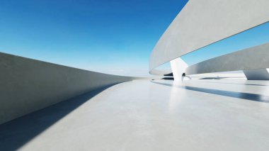 Beyaz fütüristik mimarinin 3D görüntüsü, boş beton zeminli soyut dalgalı yapı