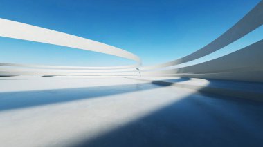 Beyaz fütüristik mimarinin 3D görüntüsü, boş beton zeminli soyut dalgalı yapı