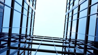 Modern mimarinin 3D görüntüsü, cam pencereli gökdelen şirket binası.