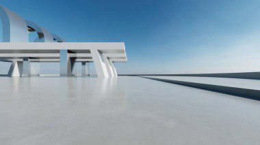 Beyaz kemerli fütüristik mimari, boş beton zeminli soyut dalgalı yapı