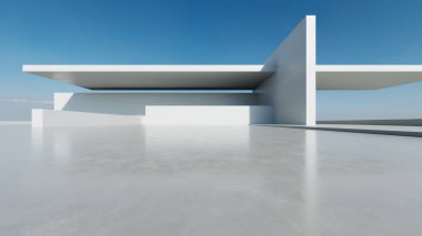 3D soyut modern beton mimari boş beton zemin, minimal dış görünüş, araba sunum arka planı