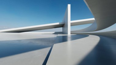 3D soyut modern beton mimari boş beton zemin, minimal dış görünüş, araba sunum arka planı