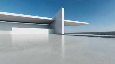 3D soyut modern beton mimari boş beton zemin, minimal dış görünüş, araba sunum arka planı