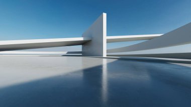 3D soyut modern beton mimari boş beton zemin, minimal dış görünüş, araba sunum arka planı