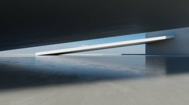 3D soyut modern beton mimari boş beton zemin, minimal dış görünüş, araba sunumu arka planı