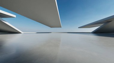 3D soyut modern beton mimari boş beton zemin, minimal dış görünüş, araba sunumu arka planı