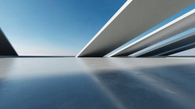 3D soyut modern beton mimari boş beton zemin, minimal dış görünüş, araba sunumu arka planı